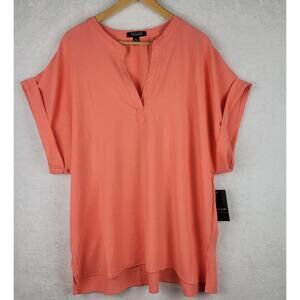 Cottagecore 3X Top V Neck Cuff Short Sleeve Pullover Salmon Blouse Summer Beach